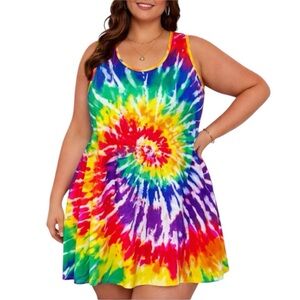 Plus Size rainbow tie dye sleeveless stretch shift dress size 5XL